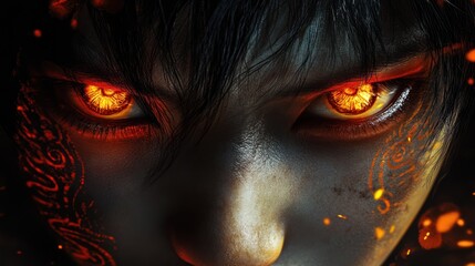 Close-up fiery eyes, intense expression, mystical figure,  flames background