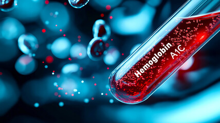 A test tube filled with red liquid labeled 'Hemoglobin A1C,' surrounded by abstract blue bubbles, representing blood analysis or diabetes monitoring.