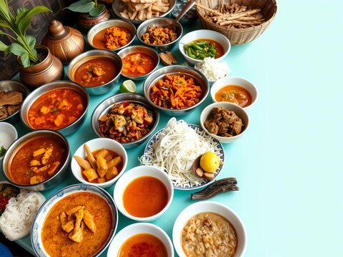A colorful spread of northern Thai khantoke dinner showcasing vibrant curries and side dishes, north Thailand, traditional cuisine, cultural
