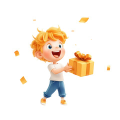 Joyful child celebrating birthday with gift festive atmosphere cartoon style transparent background