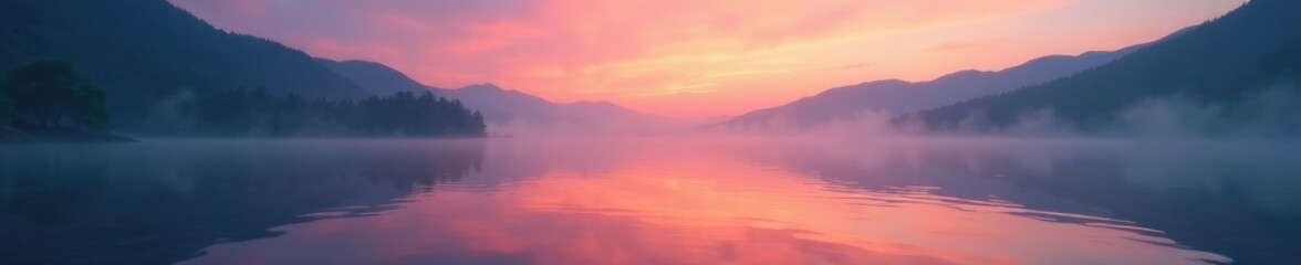 Fototapeta premium Muted colors of dawn on still lake surface, misty veil, serene, misty, lake