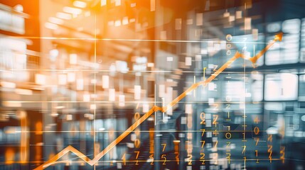 Fototapeta premium Glowing upward arrow graph on digital screen symbolizing positive company growth and future outlook, representing business success and financial progress.