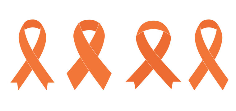 Orange ribbon. Breast cancer awareness ribbon. Women support orange ribbon. National Kidney Cancer Awareness Month. Orange Color Ribbon Isolated On Transparent Background. Template For Poster. 