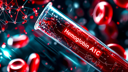 A test tube labeled 'Hemoglobin A1C' is surrounded by red blood cells, representing a focus on blood testing and diabetes management.