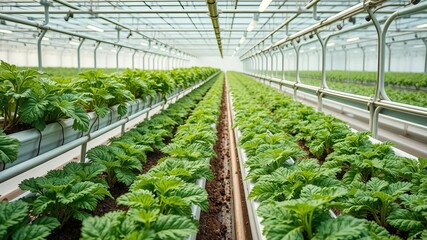 A high tech greenhouse filled with rows of vibrant, thriving vegetables growing using the latest innovative techniques and eco friendly practices, modern, green, horticulture