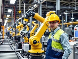 A male technician in a factory wearing a uniform and safety goggles, using a control panel to operate a robotic arm, manufacturing, assembly line, robotic arm