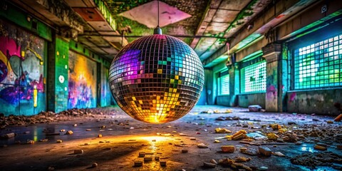 Obraz premium Abandoned Disco Ball Reflects Vibrant Party Lights - Urban Exploration Photography