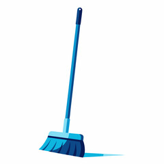 Blue broom leans against white wall, casting subtle shadow. Simple graphic design with clean minimalist style. Concept: cleaning service, janitorial supplies, housekeeping