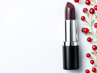 Obraz premium Dark plum lipstick with sleek black tube, styled with red berries on white background isolated design