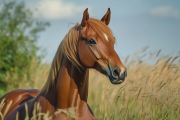 Fototapeta premium Majestic Arabian Horse: Portrait of a beautiful chestnut horse standing gracefully in a sunlit golden field.