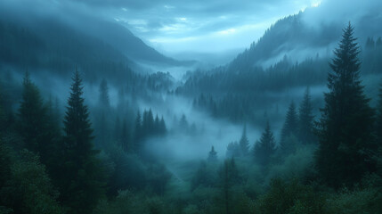 Fototapeta premium Misty forest valley at dawn with blue atmospheric lighting.