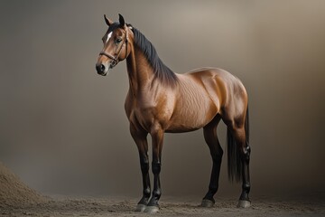 Obraz premium Majestic Brown Horse: A powerful and elegant bay horse standing gracefully on a neutral background.
