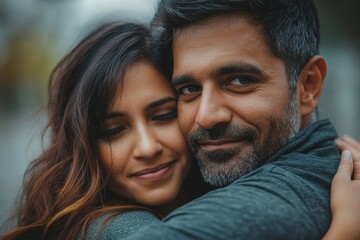 Loving indian man hugging, comforting and supporting his wife feeling sad and depressed, unhappy couple having relationship trouble, Generative AI
