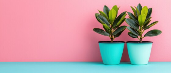 Two potted plants are sitting on a pink background