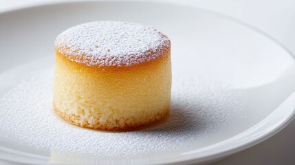 A mini Japanese honey cake with a light dusting of powdered sugar, sitting elegantly on a white plate. 