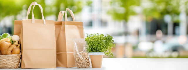 Eco friendly shopping bags with fresh produce, herbs, and snacks create sustainable market vibe. This scene emphasizes importance of eco conscious choices in daily life