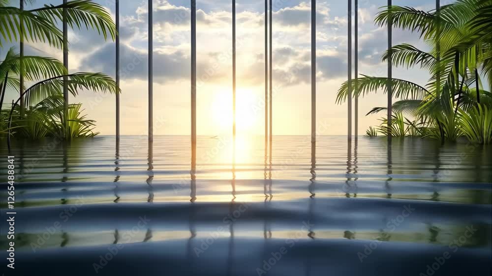 Poster a tranquil scene featuring a sunset over water, flanked by palm trees and vertical bars, creating a 