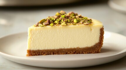 A slice of Arabic cheesecake infused with cardamom and topped with chopped pistachios. The exotic flavors shine on the smooth cheesecake, elegantly displayed on a white plate,