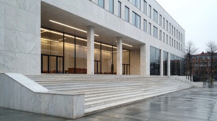 Obraz premium Modern white marble building exterior steps on a cloudy day. Possible use Architecture stock photo