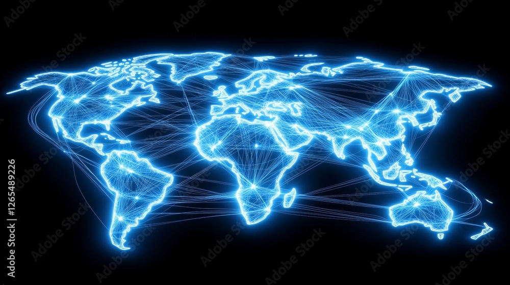 Poster global network connections. world map with glowing lines showing data flow and internet connectivity