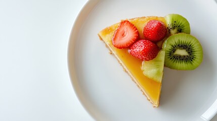 A slice of Japanese honey cake, topped with fresh, colorful fruit such as strawberries and kiwis, providing a refreshing contrast to the sweetness of the cake. 