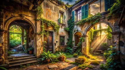 Fototapeta premium Abandoned Italian Villa, Overgrown Courtyard, Urban Exploration, Italy, Decaying Beauty