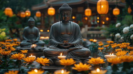 Highlight key symbols like Buddha statues, candles, flowers, and lanterns. 