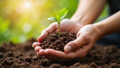 Caring hands nurturing a young plant in rich soil