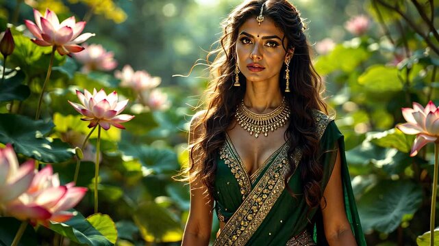 Regal Beauty Amidst Lotus Blossoms: A captivating portrait of a woman adorned in an emerald green sari and exquisite gold jewelry, standing amidst a serene pond filled with blooming lotus flowers.