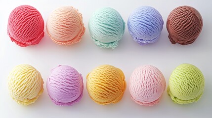 A captivating collection of ten perfectly shaped ice cream scoops arranged in an appealing order, each displaying a unique pastel hue that invites taste and joy