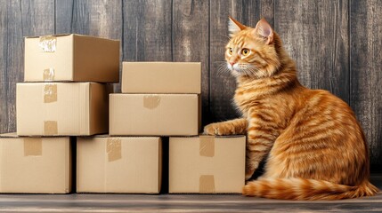 Fototapeta premium Ginger cat calmly surveys stacked cardboard boxes rustic wood background. AI Generated