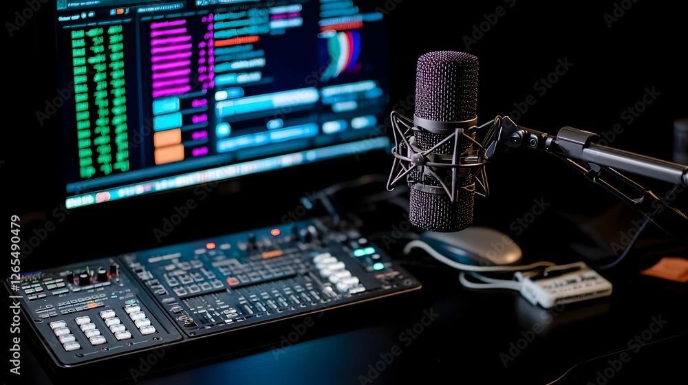 Poster dark music studio setup with computer and mixing console