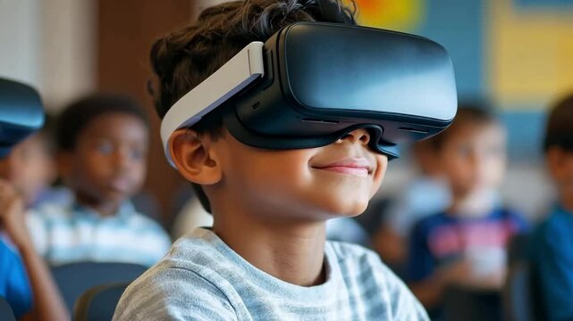A boy in a classroom using a virtual reality headset to learn