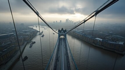 Fototapeta premium London Tower Bridge, Misty Morning, Cityscape View, Elevated Perspective