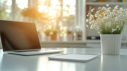 Fototapeta premium cozy home office setup featuring laptop, notepad, and potted plant, illuminated by warm sunlight, creates serene and inviting workspace