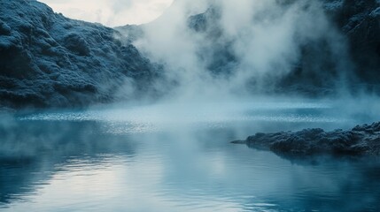 Naklejka premium hidden blue lagoon in Iceland, steam rising from the geothermal water, surrounded by volcanic rocks, cinematic depth