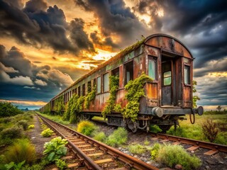 Fototapeta premium Abandoned Train Carriage, Rusty Railway Vehicle, Derelict Railroad Car, Out of Service Train, Disused Rolling Stock