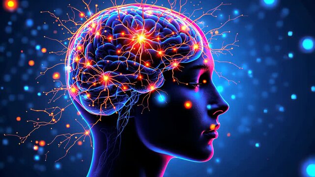 The Mind Awakened: An abstract digital illustration depicting a human head with a glowing brain, symbolizing the power and potential of the human mind, neural pathways, and cognitive processes.