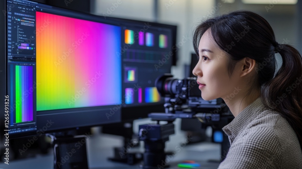 Poster filmmaker focuses on color grading a video using advanced editing software. multiple monitors displa