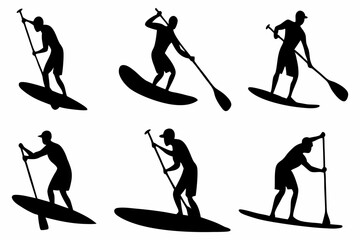 SUP Paddle Board Silhouette Collection – Water Sports Vector Art on white background.