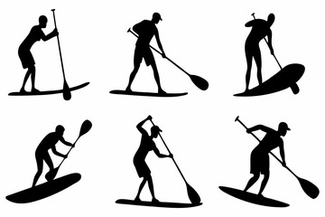 SUP Paddle Board Silhouette Collection – Water Sports Vector Art on white background.