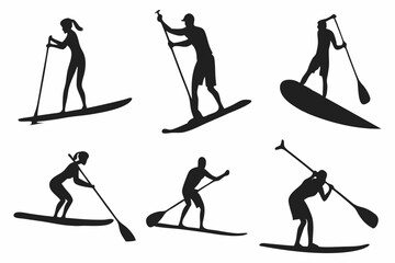 Naklejka premium SUP Paddle Board Silhouette Collection – Water Sports Vector Art on white background.