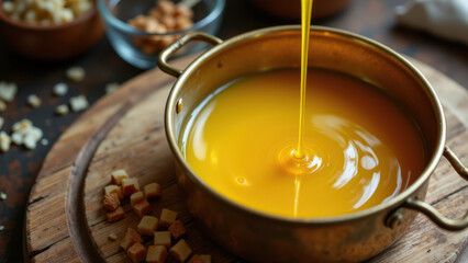 Batch cooking, hot liquid in a bowl atop a stove with garlic bread crumbs on a cutting board around it.