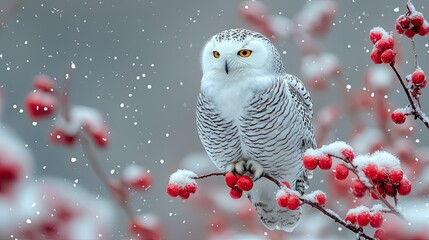 Snowy owl perched on winter branch with snow and red berries