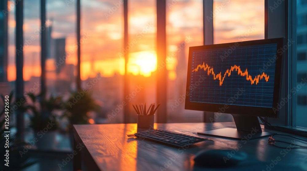 Poster sunset stock market data analysis on desktop computer