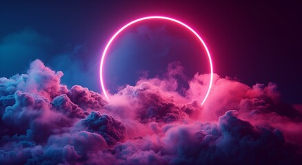 Neon Circle Piercing a Cloud-Filled Night Sky