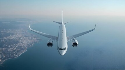 White Airplane in Flight Over Coastal City at High Altitude