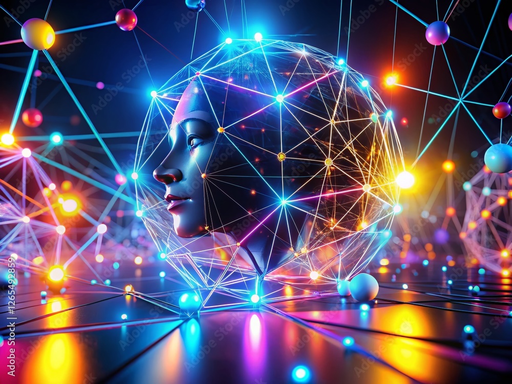 Poster abstract 3d render: panoramic connecting lines, futuristic network, technology background