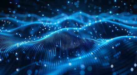 Abstract Blue Digital Wave Background with Glowing Particles and Data Flow Visualization