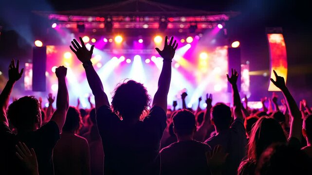 Into the Night: A sea of silhouettes raised in ecstatic celebration against a vibrant backdrop of stage lights, capturing the electric energy of a live music performance.